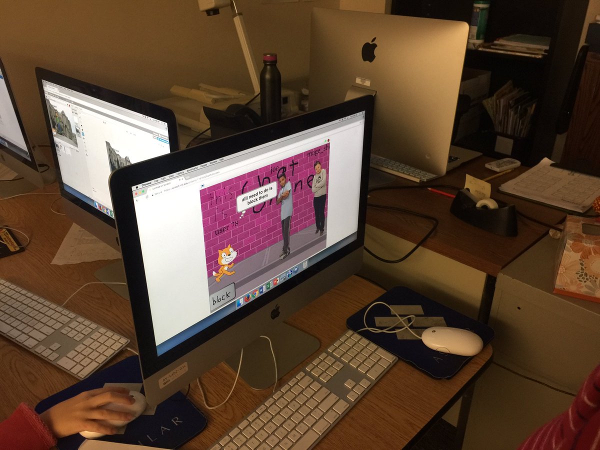 Barnett_TechEd's tweet photo. 4th graders working on their cyberbullying projects. We have skits, iMovies, art projects, even a Scratch game where you block the bullies! https://t.co/fFd0X7Cw5V