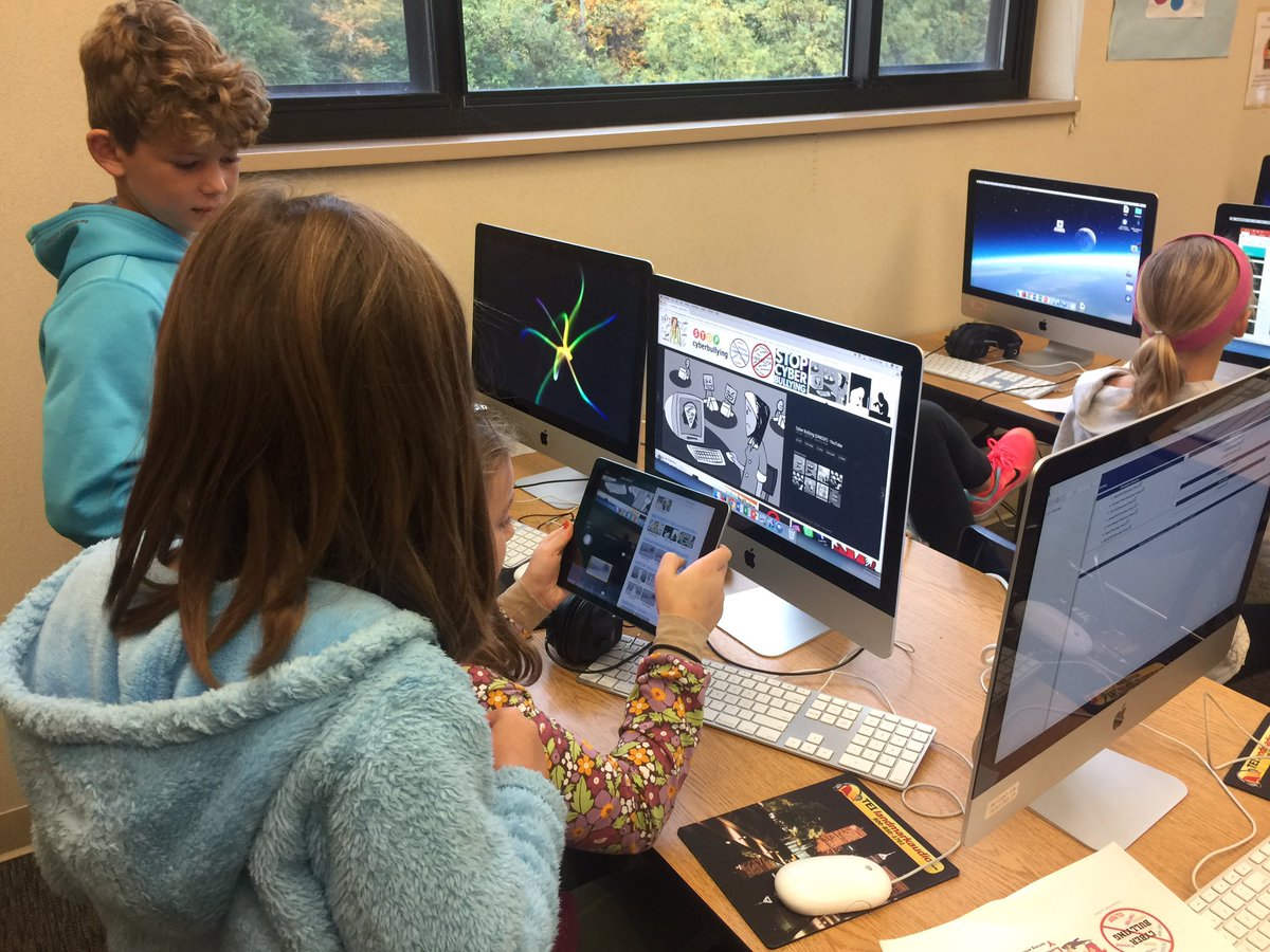 Barnett_TechEd's tweet photo. 4th graders working on their cyberbullying projects. We have skits, iMovies, art projects, even a Scratch game where you block the bullies! https://t.co/fFd0X7Cw5V