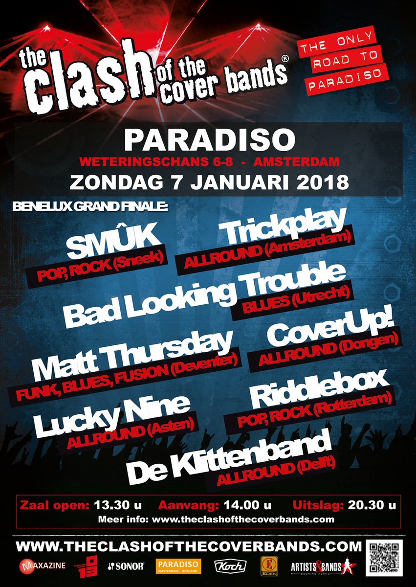 Deze bands hebben de felbegeerde plaatsen op het heilige podium van <a href="/ParadisoAdam/">Paradiso Amsterdam</a> weten te behalen! Gefeliciteerd! theclashofthecoverbands.com