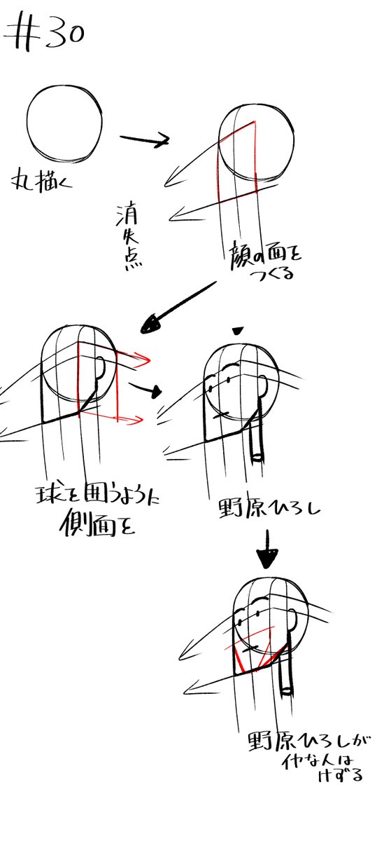 【段階的に上手くなる30日目】30日おめでとうございます(^◇^)たまには最初の頃の自分の絵を見返すのもいいかもしれません。今回最後にアゴを削ってますが今後いろんな角度を描くときに難しくなるので削らなくても大丈夫です!ひろしが本当に嫌な人だけで! タグ→ #段階的に上手くなる