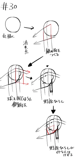 【段階的に上手くなる30日目】30日おめでとうございます(^◇^)たまには最初の頃の自分の絵を見返すのもいいかもしれません。今回最後にアゴを削ってますが今後いろんな角度を描くときに難しくなるので削らなくても大丈夫です!ひろしが本当に嫌な人だけで! タグ→ #段階的に上手くなる 