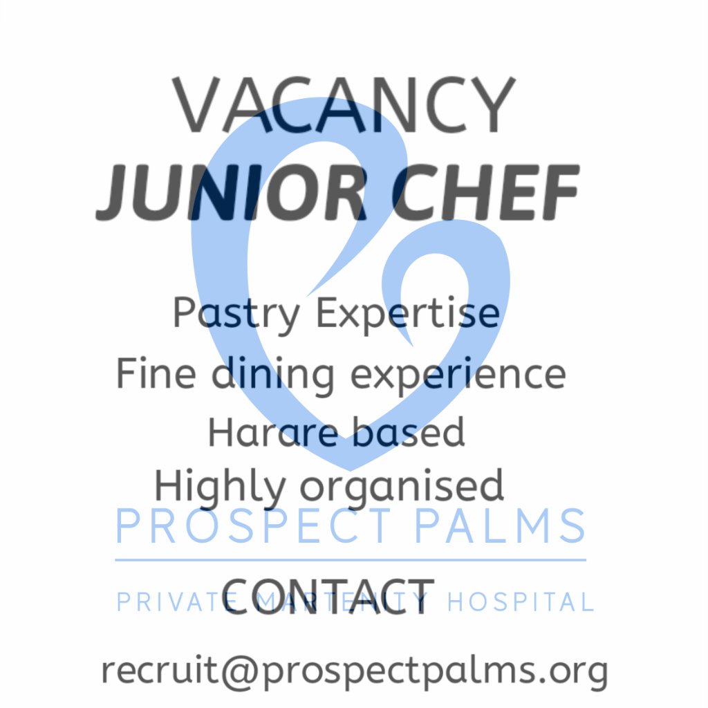 Sindi_Berry's tweet photo. JOB VACANCY FOR JUNIOR CHEF Please tell a friend to tell a friend @ProspectPalms  #prospectpalms #twimbos #zimtotheworld https://t.co/oJoDVaaa7u