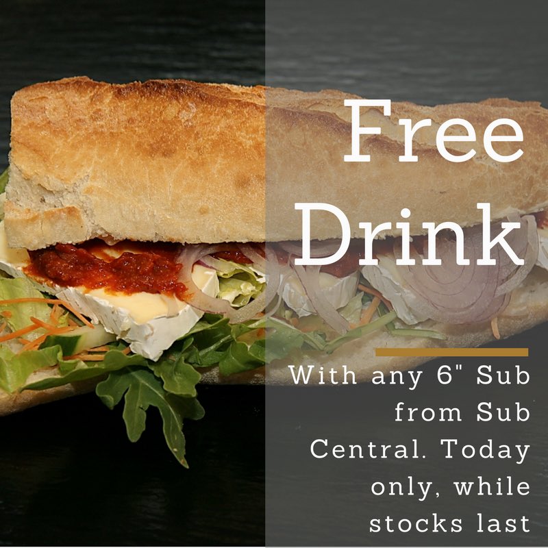 AnBhialann_'s tweet photo. #flashpromotion get a #free drink with any 6" Sub from Sub Central today while stocks last. #subcentral @nuigalway @NUIGSU @SodexoUK_IRE https://t.co/wrYEPaZXZK