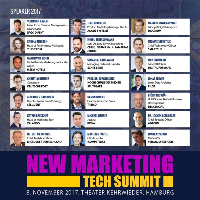 NewMarketingTec's tweet photo. 21 Top-Speaker beim #NewMarketingTech Summit am 8.11. in Hamburg! Agenda: https://t.co/McHBuMxpWA Tickets: https://t.co/W04lKrfxkF @adzine https://t.co/yS9qwqSzWA