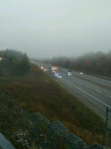 hfxtraffic's tweet photo. Hwy 101 eastbound just before the Dartmouth exit is currently blocked as crews tend to a MVA. Unconfirmed word of minor injuries. https://t.co/6lZn9iU9RE