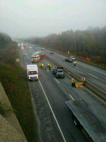 hfxtraffic's tweet photo. Hwy 101 eastbound just before the Dartmouth exit is currently blocked as crews tend to a MVA. Unconfirmed word of minor injuries. https://t.co/6lZn9iU9RE