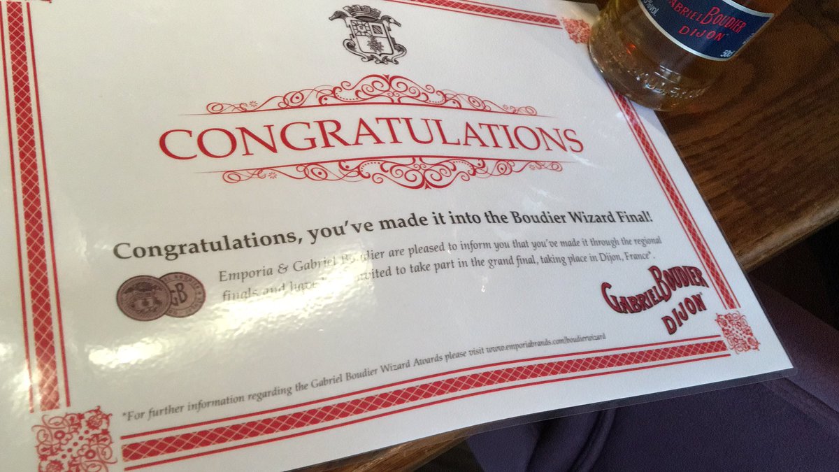(1/2)Our GM travelled up to Manchester to compete in the Gabriel Boudier Northern Semi Finals and won! Dijon, France for the Grand Final