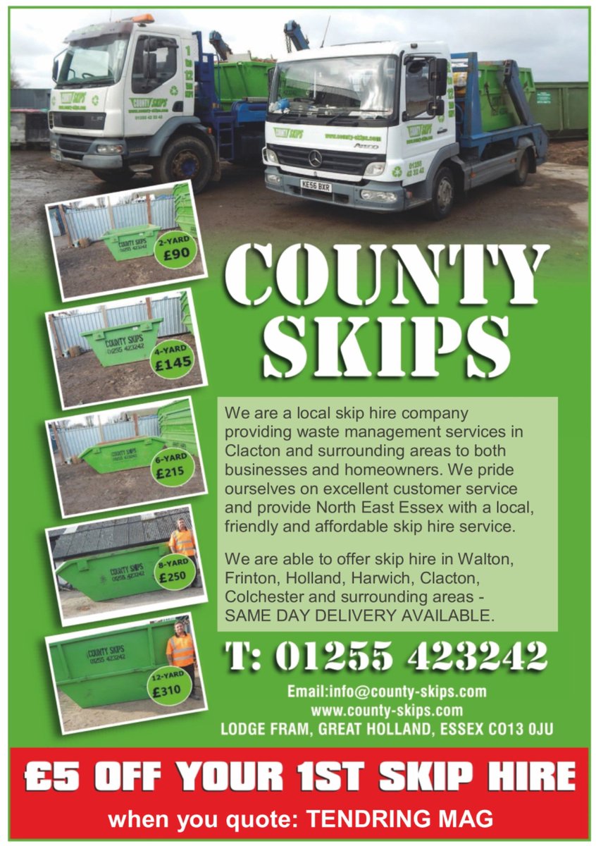 TendringMag's tweet photo. County Skips can provide 2,4,6,8 or 12yd #Skips throughout #Tendring & #Colchester areas + ยฃ5 discount off 1st #hire - quote #TendringMag ๐ https://t.co/goTHteHWl6
