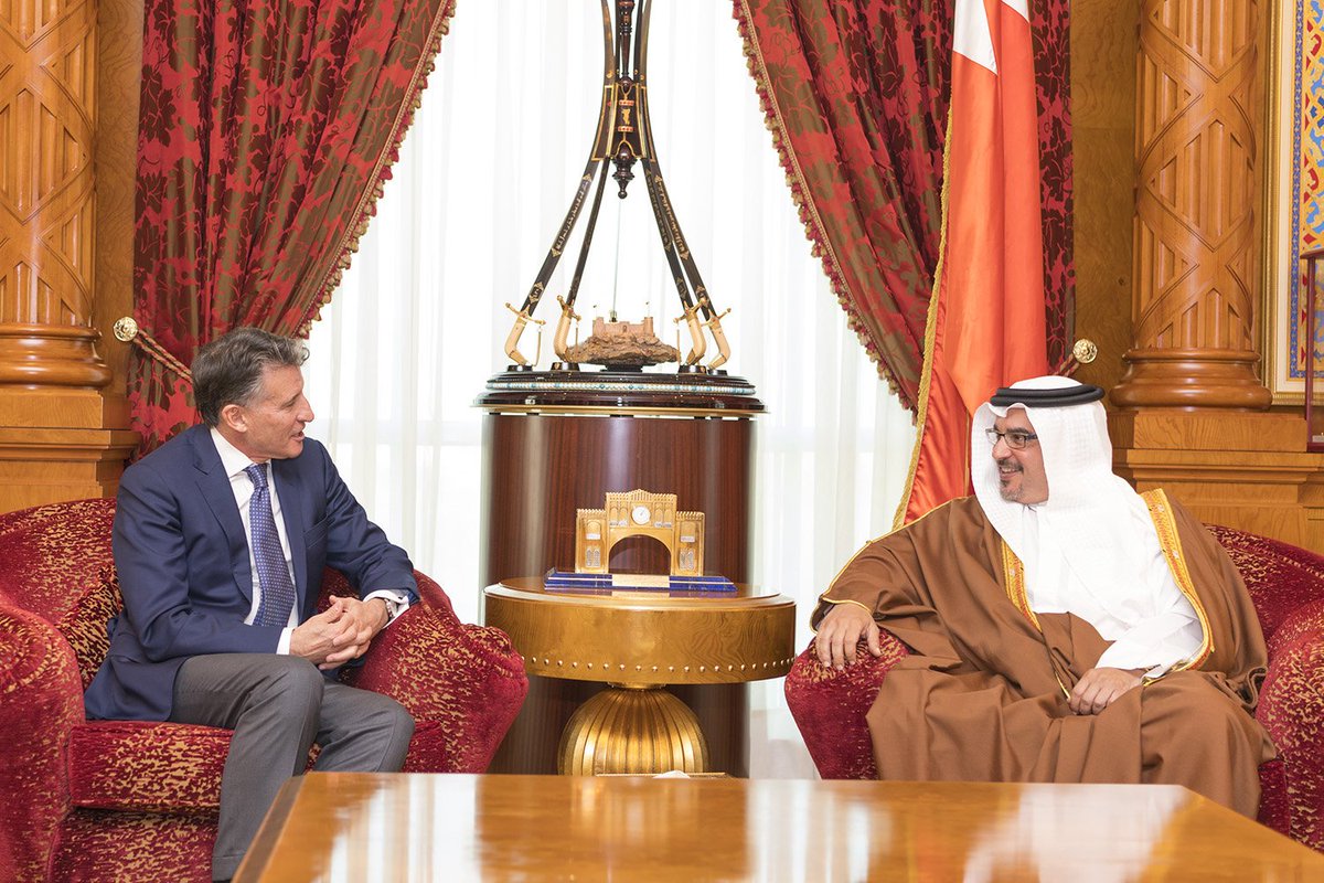 BahrainCPnews's tweet photo. HRH CP #Salman_bin_Hamad meets Lord @Sebcoe President of @IAAF, HH Sh. Khalid attended #Bahrain https://t.co/DdDkANhznX