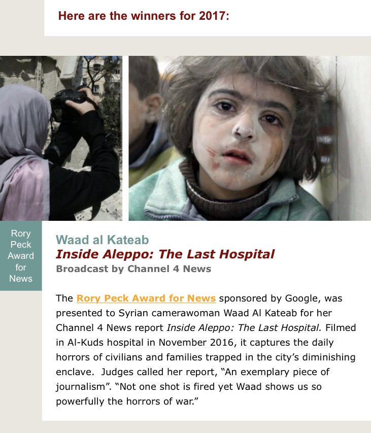 guybasnett's tweet photo. Filmmaker Waad al-Kateab's "The Last Hospital" wins the @rorypecktrust Award for News. #InsideAleppo https://t.co/LP2aXa4AMh https://t.co/m8LQgV0usW