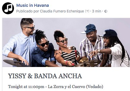 MusicInHavana's tweet photo. . #Yissy #BandaAncha  tonight at 11:00pm #LaZorraYelCuervo #MúsicaCubana #CubanMusic #Jazz #Havana #JazzCuba - https://t.co/fHtxjpe99V https://t.co/M7DYw02yMg