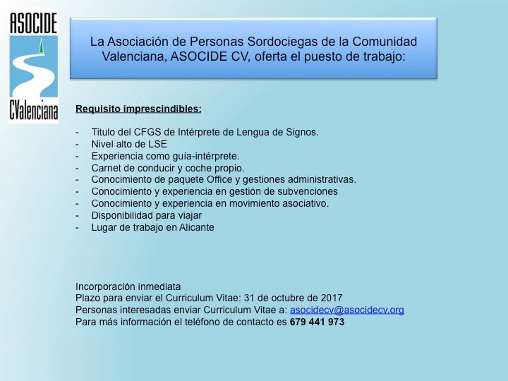 ASOCIDECV's tweet photo. #oferta de #trabajo en @ASOCIDECV #Alicante Plazo para enviar #curriculum 31 de octubre https://t.co/r8wpSixP6V