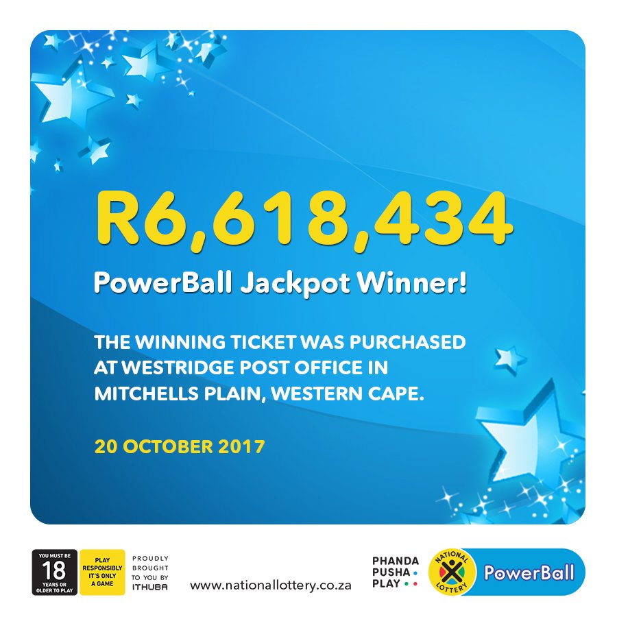 sa_lottery26's tweet photo. Congrats Mitchells Plain! You have a #PowerBall jackpot winner of R6,618,434 from (20/10/17). #ManualSelection ticket wager amount was R45! https://t.co/MF3qPLA8Uw
