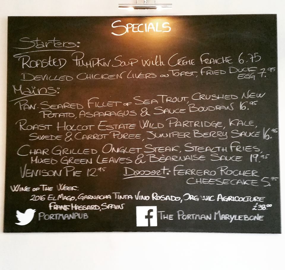 portmanpub's tweet photo. Today's Specials - October 24th 🍁🍁🍁
 #theportmanpub #gastropub #marblearch #marylebone #oxfordstreet #edgwareroad #portmanvillage #lunch https://t.co/9sQsoohY7S