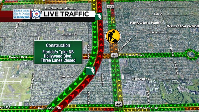 EMERGENCY CONSTRUCTION: Florida's Tpke NB & Hollywood Blvd. Three lanes are closed. Alt: US-441 or I-95. #TRAFFIC https://t.co/Xhov4DJGcw