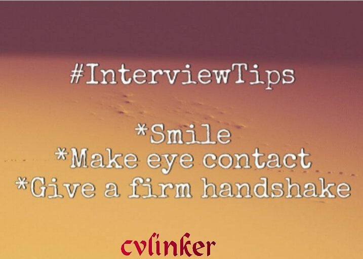 cv_linker's tweet photo. Meeting your interviewer?
Smile😁
Make eye contact and
Give a firm handshake.
#interviewtips #cvlinker #vacancy #nigerianjobs #tuesday https://t.co/r4StmMepJF