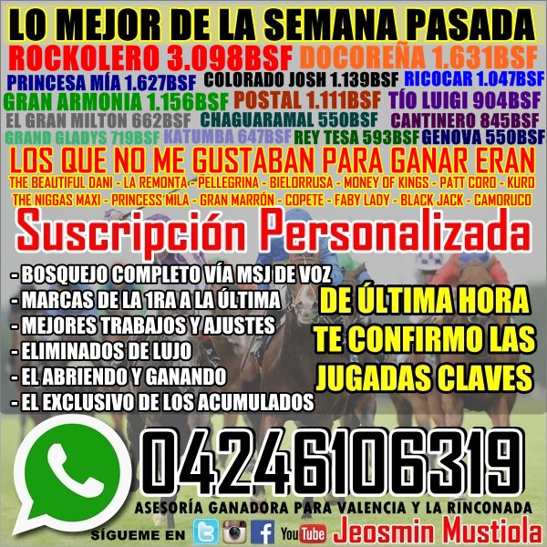 SUSCRIPCIÓN VIP 04246106319 PRECISAS COMO (ROCKOLERO, DOCOREÑA, PRINCESA MÍA, COLORADO JOSH, GRAN ARMONÍA, RICOCAR). LLÉVATE: BOSQUEJO, INCLUYE MARCAS, FIJOS, LMF, ELIMINADOS, ESPECIALES + DE ÚLTIMA HORA CONFIRMACIÓN CLARA Y PRECISA, LEE AQUÍ DM5oKjkWkAAzMoN