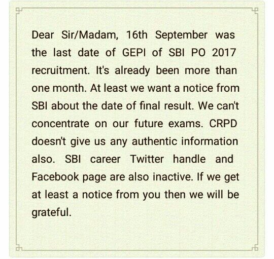 __Sagar_1's tweet photo. Dear SBI,
              Thousands who appeared for GDPI are eagerly waiting for the result

#SBIPOResults2017 #TheOfficialSBI #SBICareers https://t.co/msGTjSuPZ6