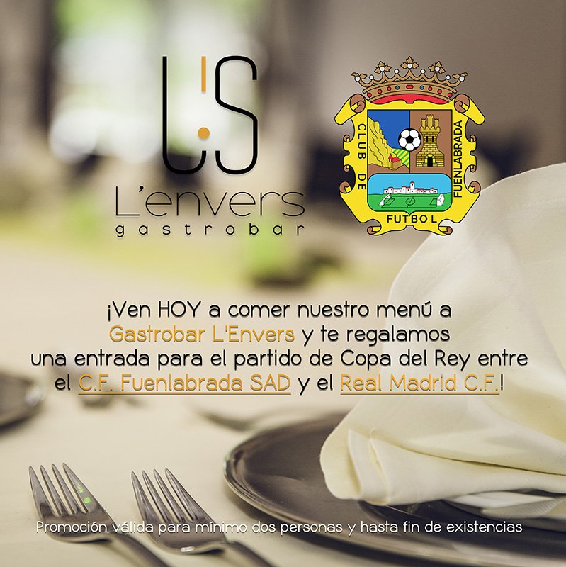 GastroLenvers's tweet photo. Ven HOY a comer nuestro menú por 11'95€ y te regalamos una entrada para el partido de #CopadelRey entre el @CFuenlabradaSAD y el @realmadrid https://t.co/DNaMgBUTEF