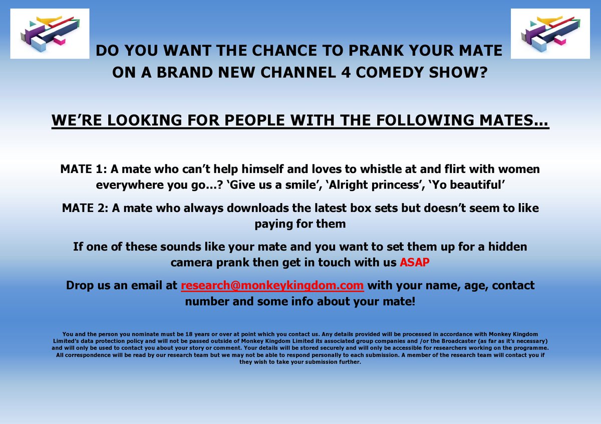 Do you want to prank your mate on a new C4 show? Click below for more details. Get in touch! #pranks #prankyourmate #TuesdayThoughts