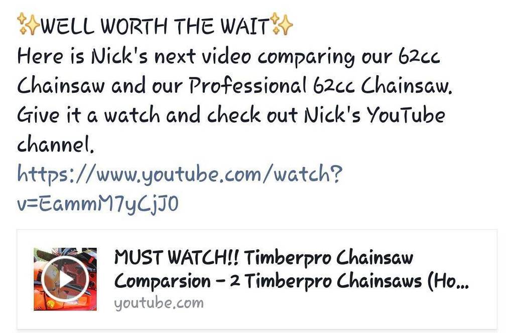 TIMBERPROUK's tweet photo. Nick's next video comparing the standard 62cc Chainsaw and the 62cc Professional Chainsaw!! #timberpro #proseries6… https://t.co/S6Ex8rnUzS https://t.co/3Sb8FGDaOx