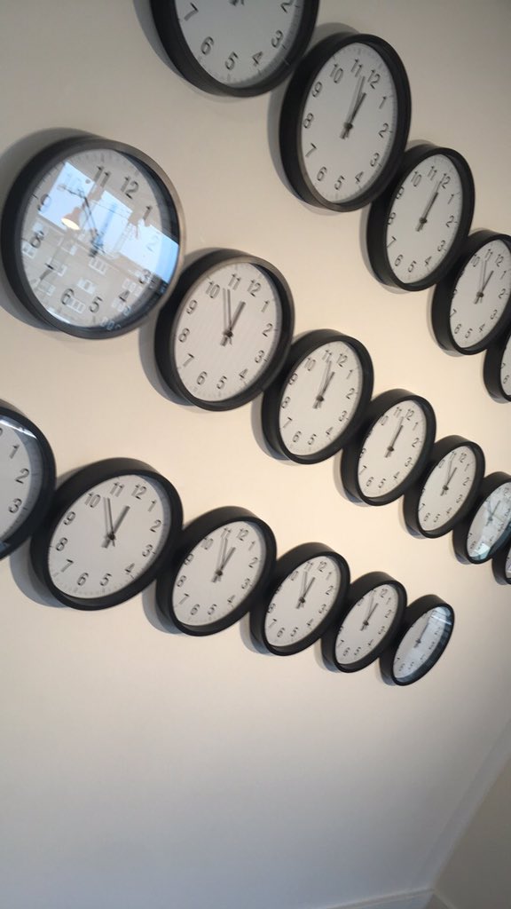 ThisHeadStuff's tweet photo. @SciGalleryDub The wall of doomsday clocks.. #WeeklyWander https://t.co/RMGF0yg12N
