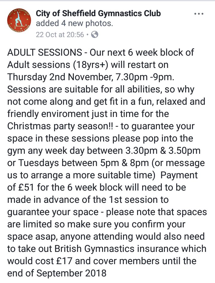 CosGymnastics's tweet photo. ADULT classes restarting Thursday 2 November, 7.30pm - 9pm (6 wk block) all ages (18yr+) &amp; abilities welcome.  Pop in to confirm your place https://t.co/UalIVi28g6