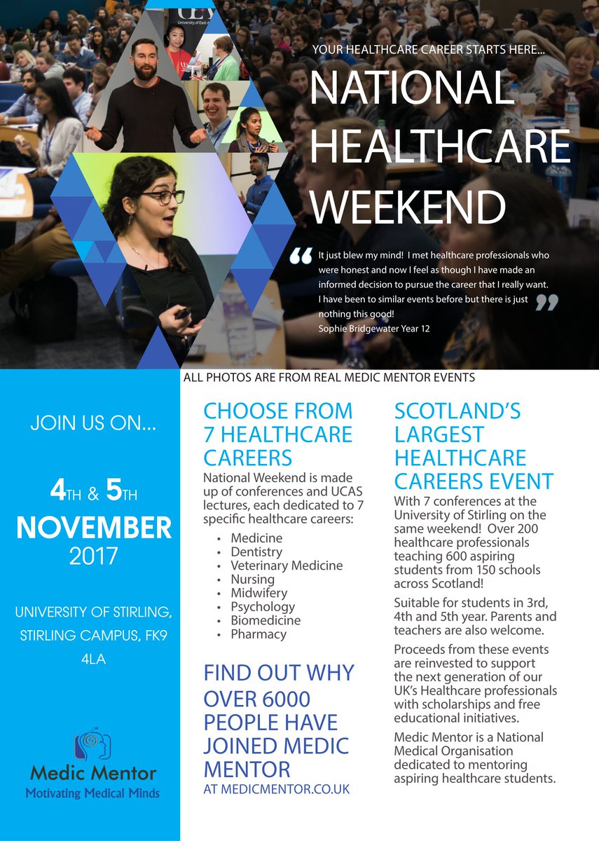 MedicMentor1's tweet photo. Dreaming of a #healthcare career? Next week we're hosting the #NationalHealthcareWeekend @StirUni - ideal for #students in S3-S6 #Scotland https://t.co/Gmf8j3bJSS