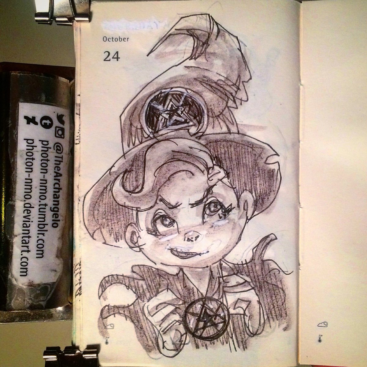TheArchangelo's tweet photo. Day 298 #of365 โข Day 24 #inktober #inktober2017 #drawlloween #Moleskine #dailysketch #drawlloween2017 #awhex #witch #littlewitch #spell https://t.co/m5UXGrLDGW