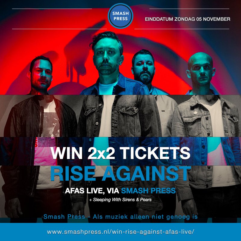 SmashPress's tweet photo. WIN: 2x2 tickets voor Rise Against, Sleeping With Sirens en Pears in AFAS Live. CHECK HIER HOE: https://t.co/zz3VsMotJH https://t.co/rEd4zQhHZH