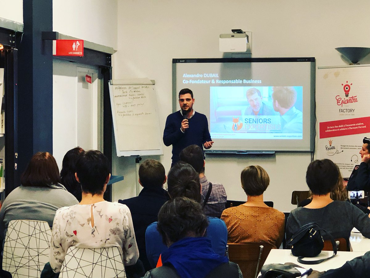 filbiniou's tweet photo. Et @AlexandreDubail présente le projet de @Seniors_Expert au #upheros spécial #RH de @AuvergneMarque ➡️➡️ https://t.co/XwtejCx3Rx https://t.co/4Rt6WXuJff