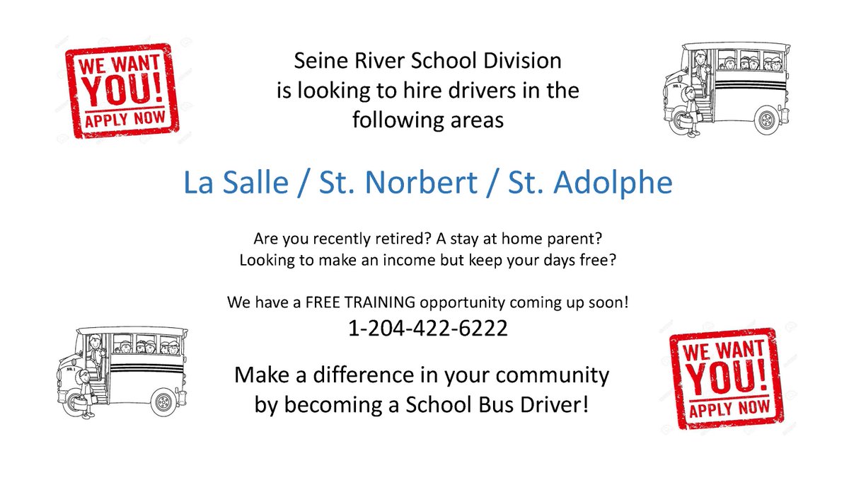 seineriverSD's tweet photo. We are hiring bus drivers for St. Adolphe, LaSalle &amp; St. Norbert Areas. We are offering free training for new bus drivers Ph 204-422-6222 https://t.co/ZKt78ToJ5S