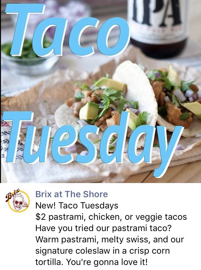 brixbrews's tweet photo. Taco Tuesday at Brix!!! Try our pastrami $2 tacos!!! And Happy Hour 3-6pm for $4 wine and $2 off Craft beers #pastrami #craftbeer #belmont https://t.co/cFb0uVXoYX