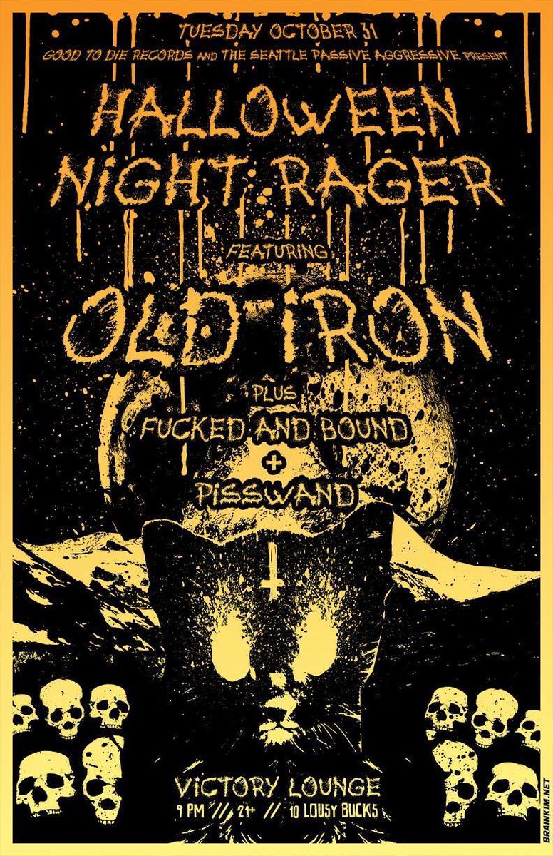 theseattlepa's tweet photo. One week away on Halloween night! @goodtodierecrds &amp; the Seattle PA present this @VictoryLounge with Old Iron, Fucked &amp; Bound, and PissWand https://t.co/nCAPZAe7Yv