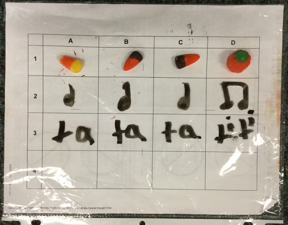 We love halloween in music class!! 1st grade practiced writing their rhythms using candy corn and pumpkins then posted to <a href="/Seesaw/">Seesaw</a> to share!