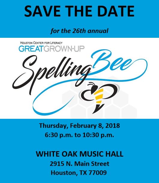 HouLit's tweet photo. SAVE THE DATE for our 26th Annual Great Grown Up Spelling Bee on February 8, 2018 at White Oak Music Hall.
#GudSpeler? #HouLit https://t.co/POiCXSdaIH