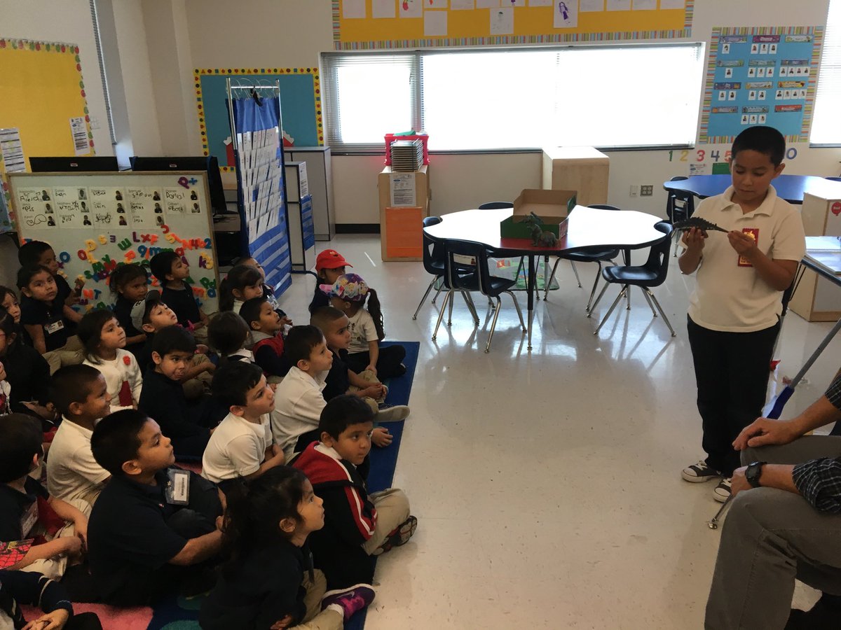cshialer's tweet photo. Jesus H., 3rd grade student and former Ms. Shialer and Mr. Arce's student, teaches PK students about dinosaurs! https://t.co/Bb7c6o2ecX