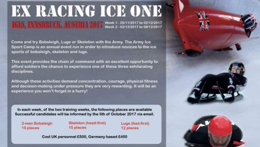 ArmySportASCB's tweet photo. Want to try #Bobsleigh #Luge #Skeleton? Great opportunity to try #ExRacingIce with #ArmyWinterSports https://t.co/PlBWHEFtct