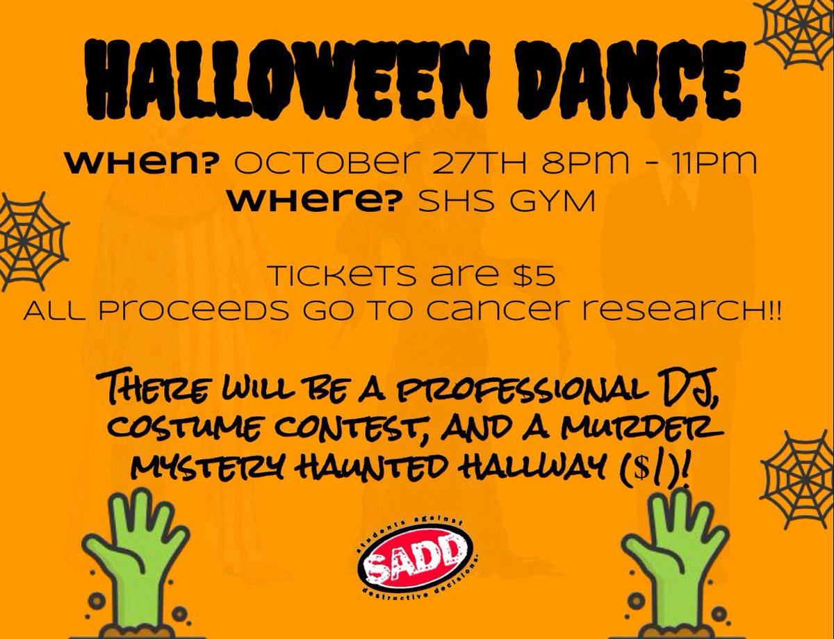 SADDChapter's tweet image. Don't forget to buy your Halloween dance tickets @ lunch! They will also be on sale at parent teacher conferences &amp;amp; at the door on Friday!