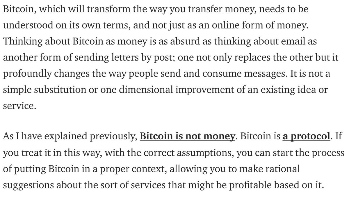 interesting insight on bitcoin as a protocol instead of money by  @Beautyon_  https://hackernoon.com/why-the-quoted-price-of-bitcoin-doesnt-matter-86ded11a8cb5