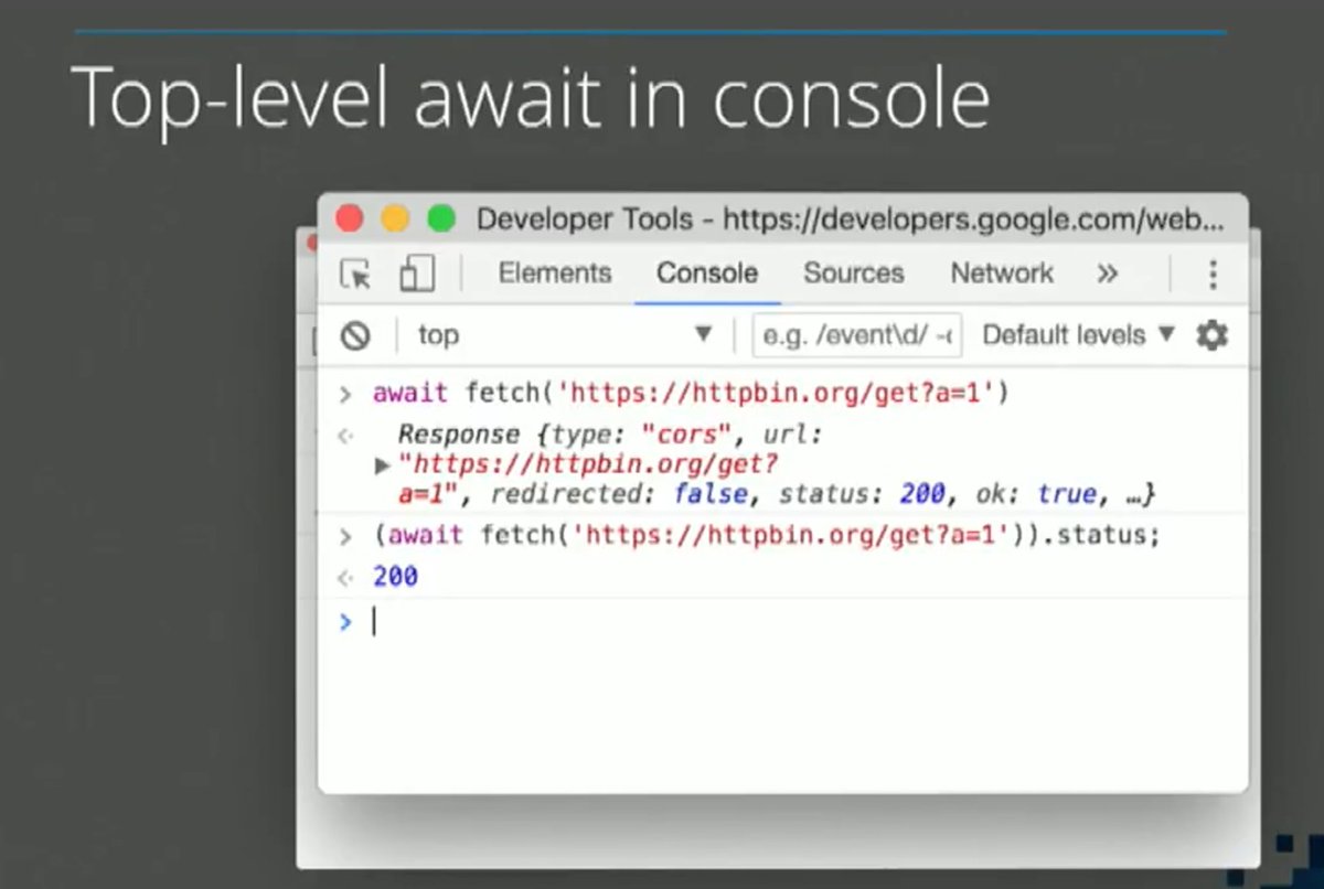 _developit's tweet image. yay! my suggestion of allowing top-level await in @ChromeDevTools shipped.
#ChromeDevSummit #ChromeDevSummit2017