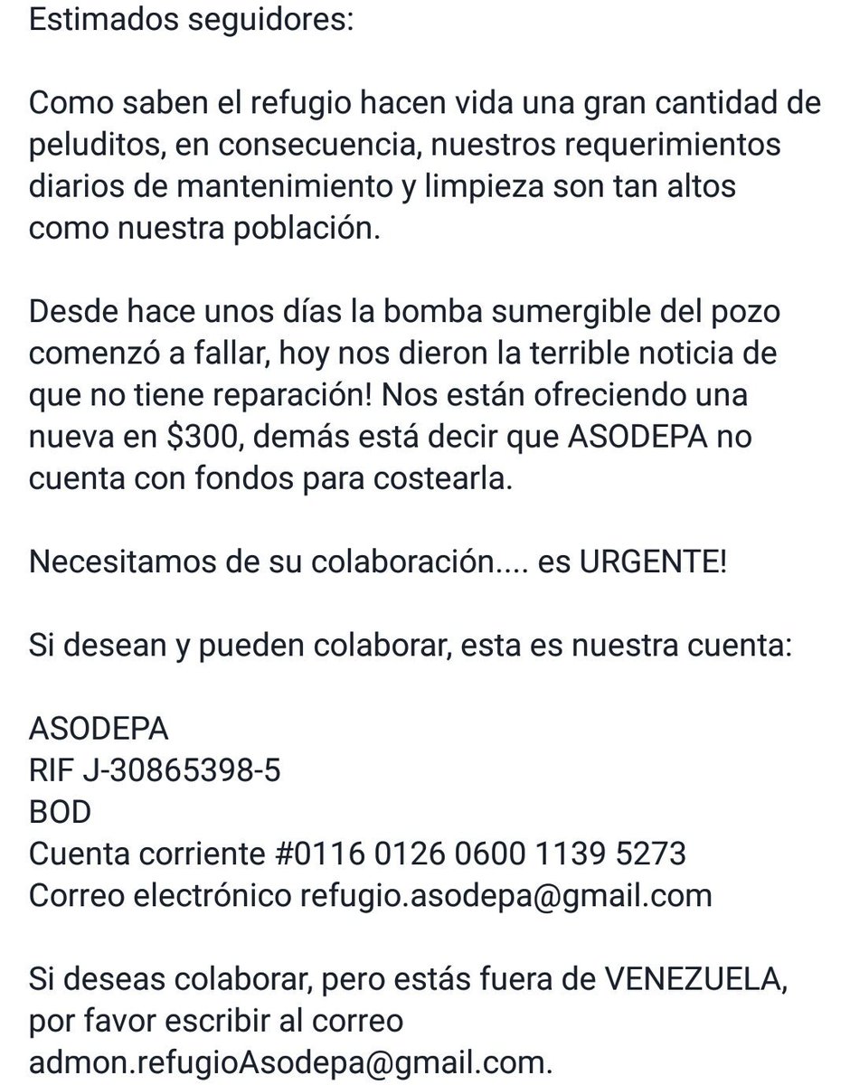 Asodepa's tweet photo. Estimados: necesitamos de su colaboración para comprar una nueva bomba sumergible para el mtto y limpieza del refugio. Info aquí #asodepa https://t.co/ceQfS6Oz3v