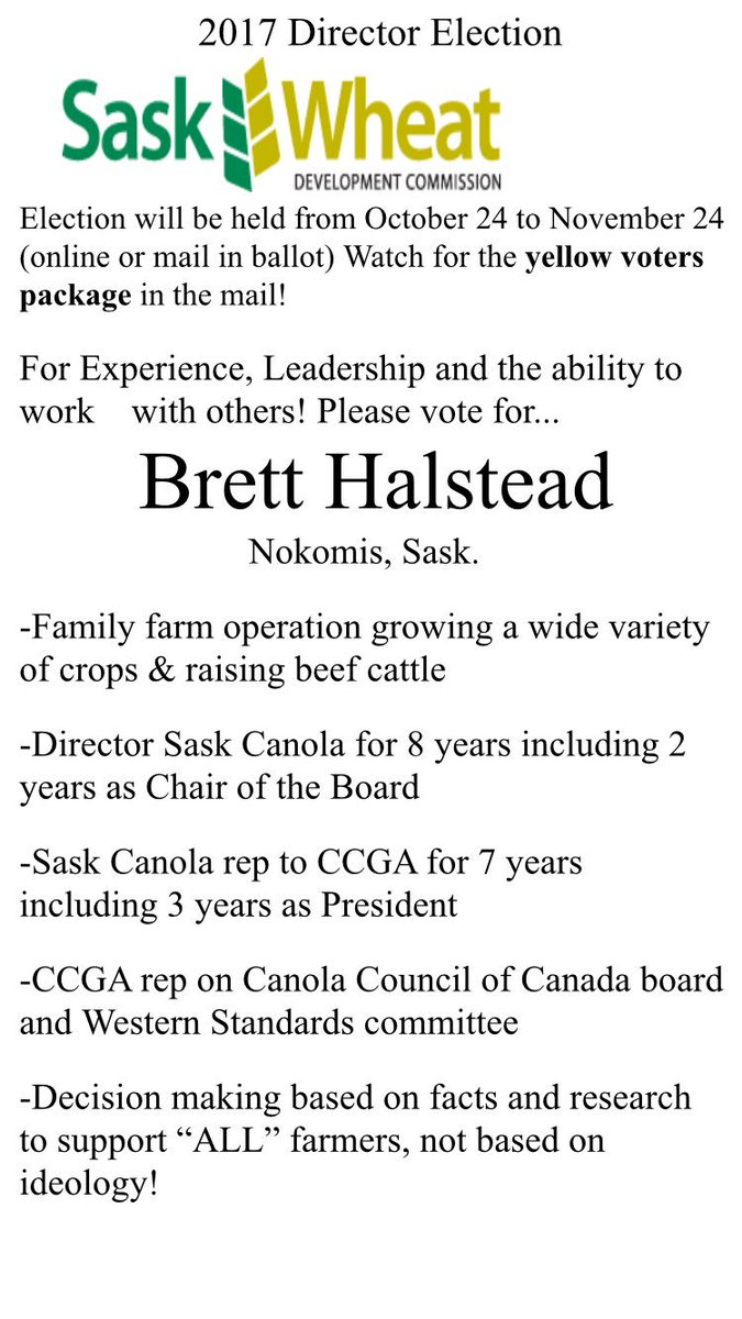 BrettHalstead's tweet photo. SaskWheat Election starts today watch for the yellow envelope a please vote! For me! https://t.co/XX56wHPDTY