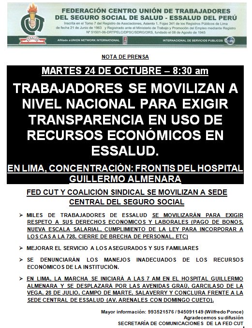 ISP_Peru's tweet photo. @FedCut Trabajadores d @EsSaludPeru se movilizan. @canalN_ @larepublica_pe @exitosape @RPPNoticias @Latina_Noticias @teleSURPeru @Gestionpe https://t.co/REEfWV008G