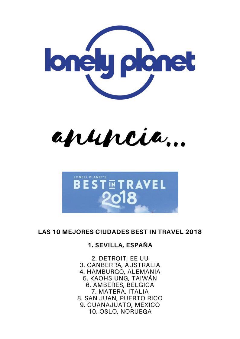 #Sevilla encabeza la lista #BestinTravel 2018 de #LonelyPlanet #BestintravelSevilla
 #visitseville 
#visitaSevilla #tourism #seville
