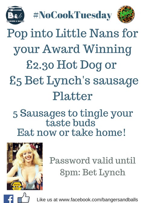 bangersandballs's tweet photo. This #nocooktuesday whisper 'Bet Lynch' at the bar to unlock special prices #Littlenansbar #deptford #bangersandballs #betlynch #bangers https://t.co/p2QqjZ8kqf