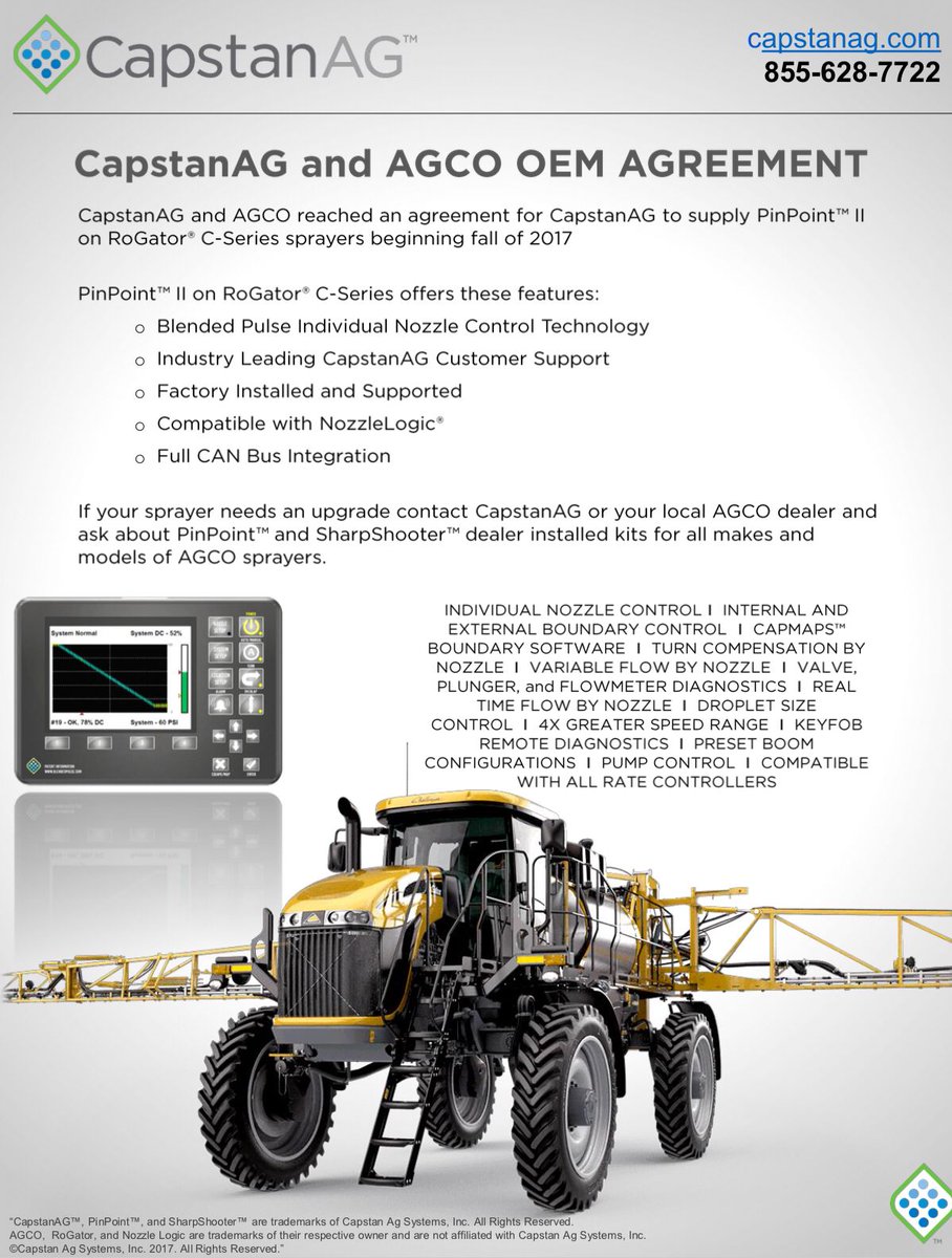 CapstanAg's tweet photo. #CapstanAG is proud to announce our agreement with @AGCOcorp to supply #PinPointII systems for #RoGator C-Series sprayers! https://t.co/wC1glwjJDG