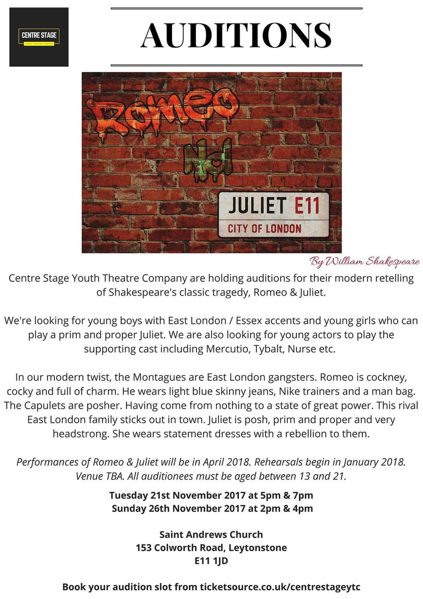 CentreStageYTC's tweet photo. @_RAWAcademy #Auditions for #RomeoAndJuliet are still live. 4 slots, 2 days. Tix https://t.co/zq8sImE0cZ #AmDram #YouthTheatre https://t.co/gFaw4roZhq