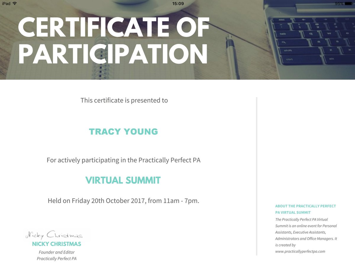 StaffsTracy's tweet photo. Thoroughly enjoyed #pppasummit and pleased to receive a Certificiate of Participation from @PracticalPA https://t.co/DdOaZtNUjf