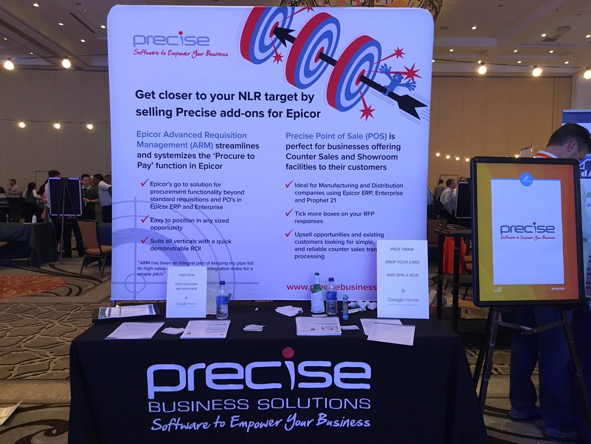 PreciseBiz's tweet photo. @PreciseBiz excited to be at #Epicor #Ignite2017. We can help you win more opps and reach your NLR target with #PrecisePOS and #EpicorARM https://t.co/nIEF9ECNDO